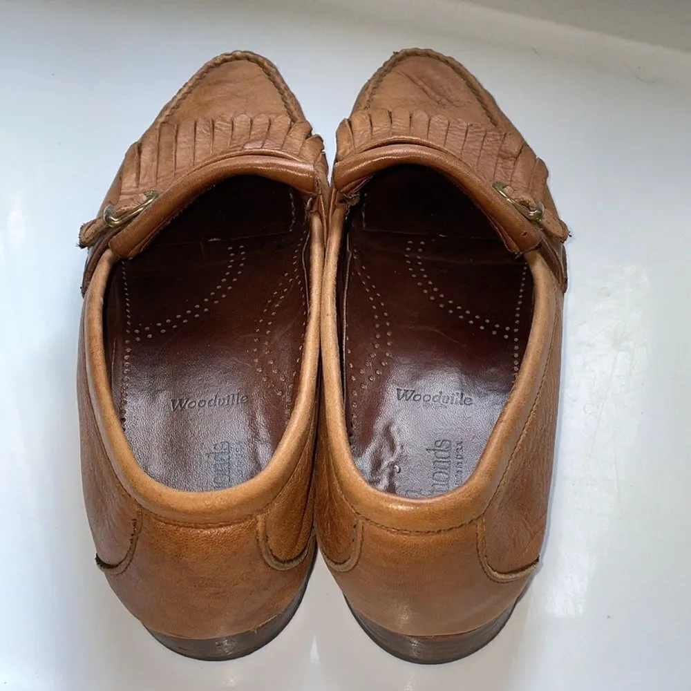 Allen Edmonds‎ Woodville tan slip on loafers with fringe & buckle